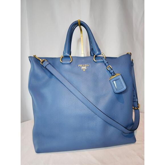 Prada Vitello Daino Shopping Tote Crossbody Bag Cobalto Blue BN1713 Made Italy - Picture 2 of 16